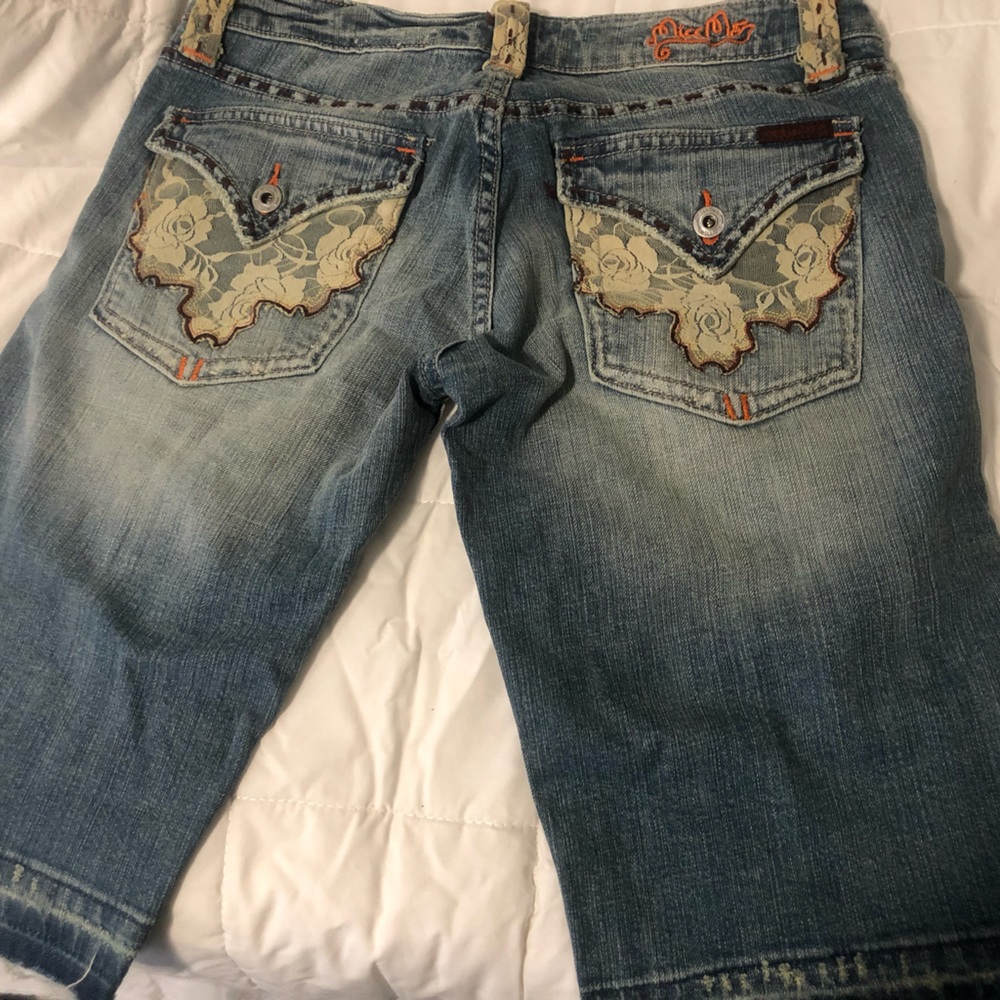 Miss Me Blue and Cream Bermudas with Decorative Motifs